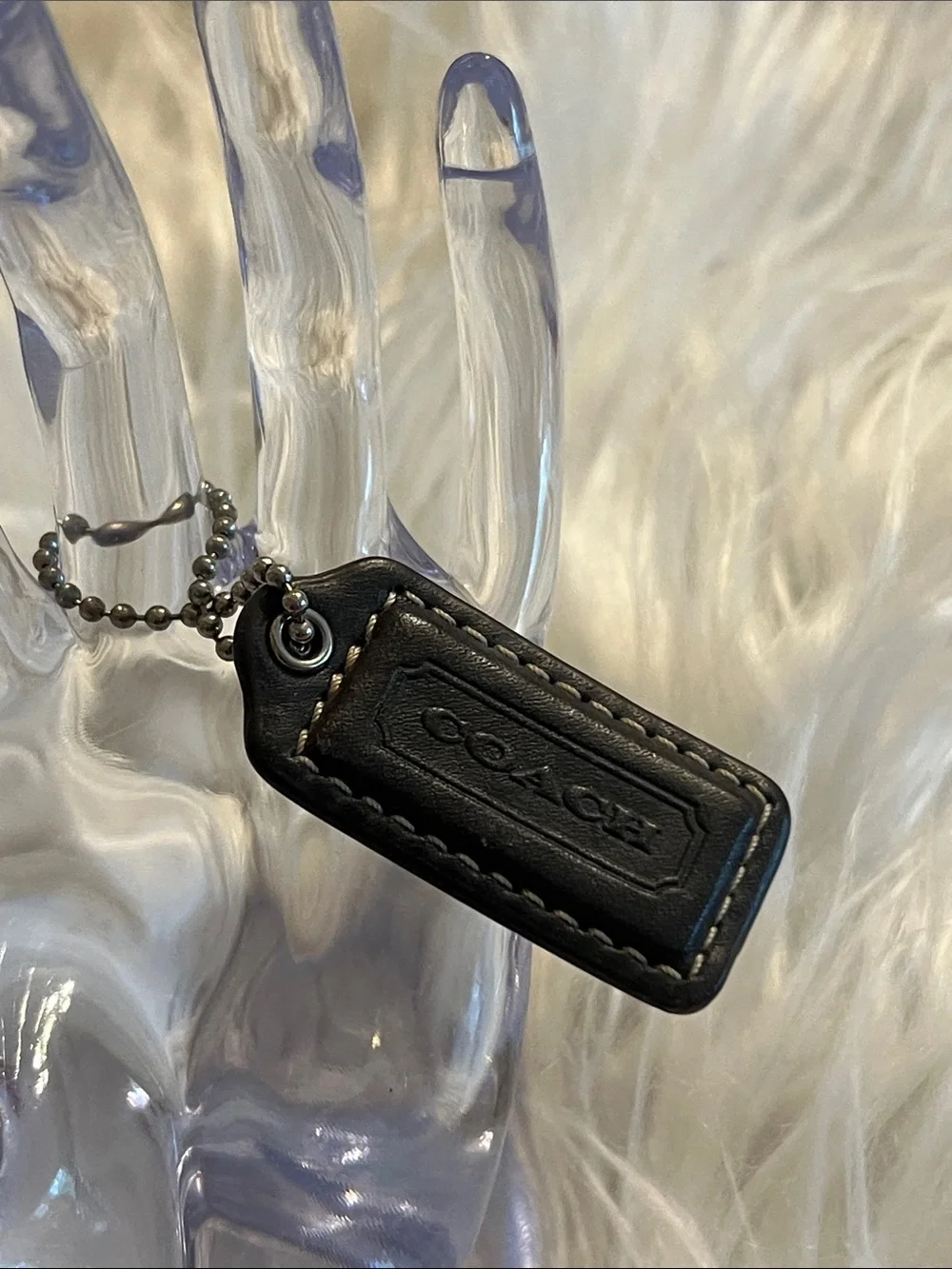 Coach chocolate Leather Embossed Logo Key Tag with Ball Chain